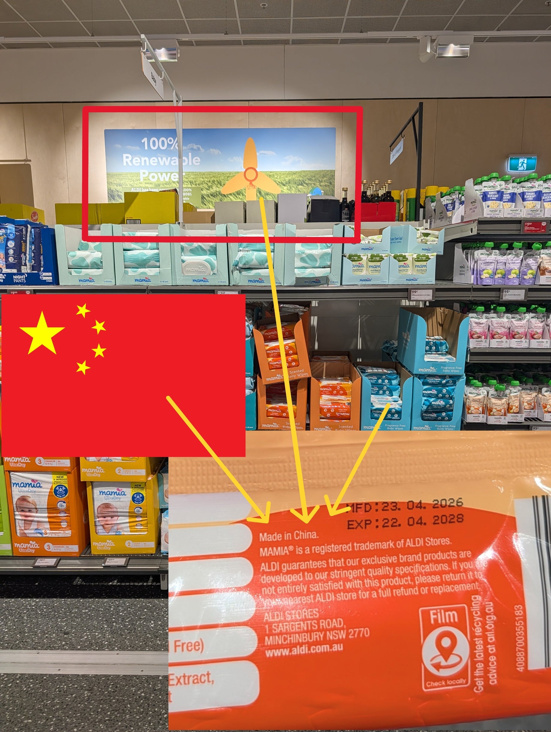 Where are Aldi's Mamia baby wipes made?