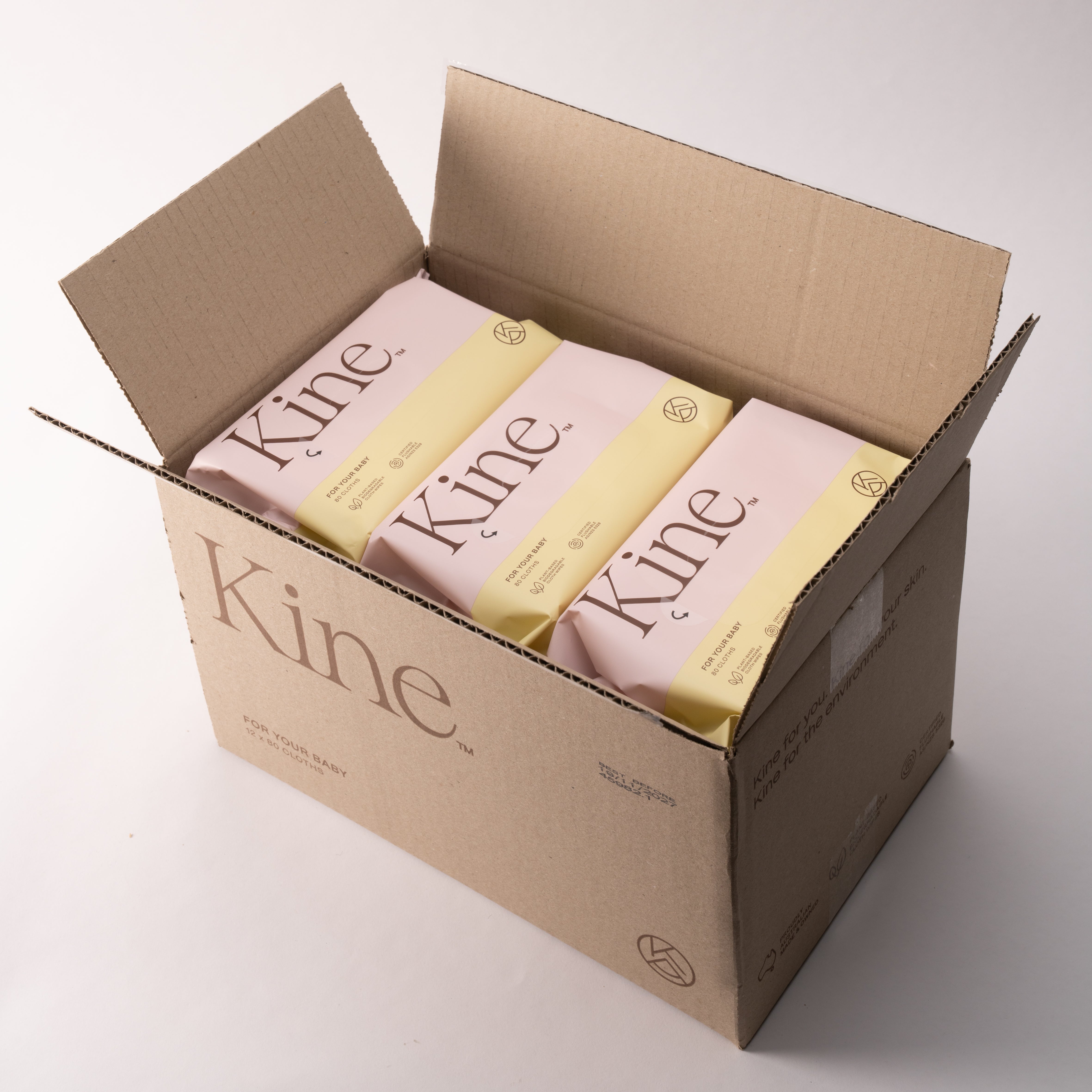 Box of Kine products on a white background. Baby wipes flushable, gentle baby wipes, flushable compostable wipes, flushable wipes Australia. Hypoallergenic baby wet wipes